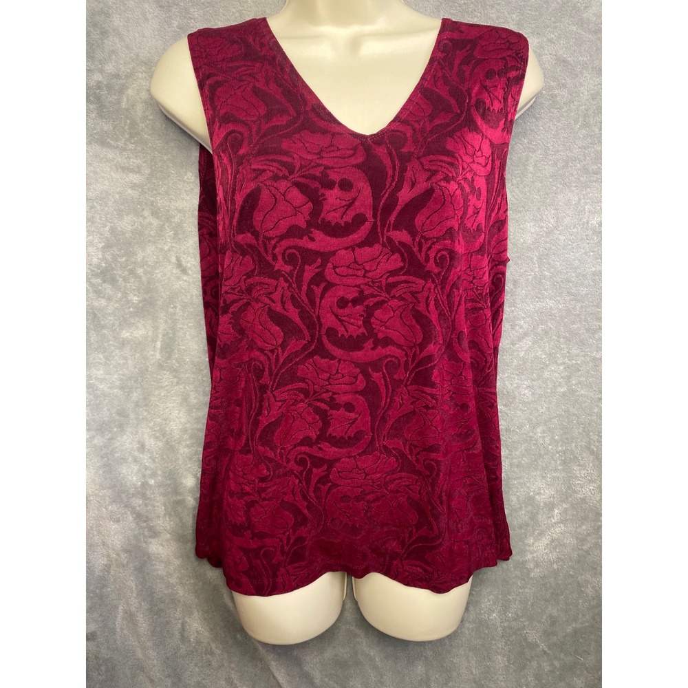 Citiknit Womens Sleeveless V‎ Neck Burgundy Floral Burnout Top Medium Made USA